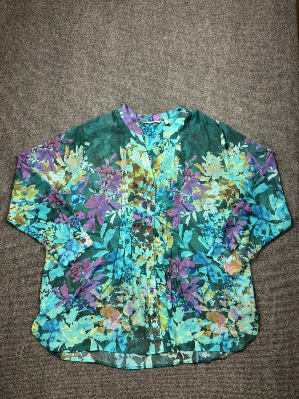 Soft Surroundings Blouse Women's 2X Blue Green Floral Print V-neck Button Shirt
